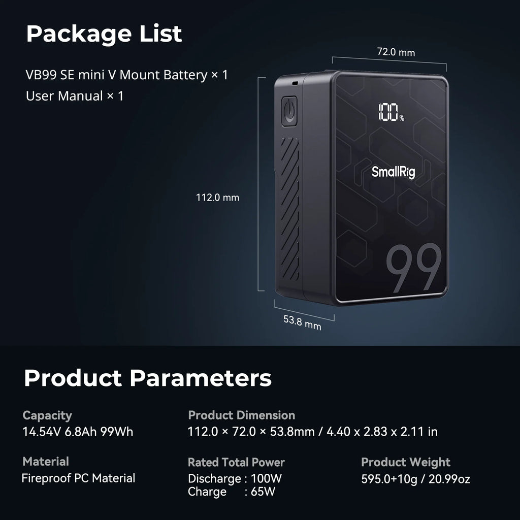 VB99 SE Mini V-Mount Battery 99Wh / 6800Mah V Mount Battery with PD65W USB-C Fast Charging for Camera Camcorder Monitor