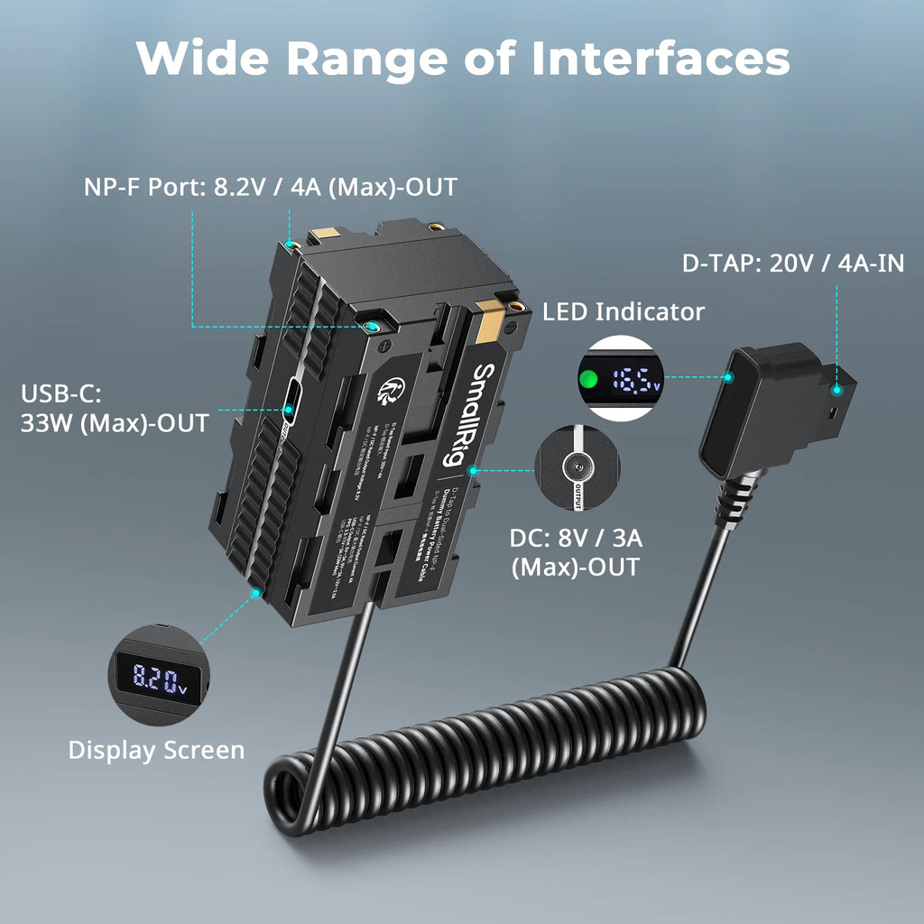 D-Tap to Dual-Sided for NP-F Dummy Battery, with USB-C DC Port LED Display for Monitor Wireless Video Transmitters 4884