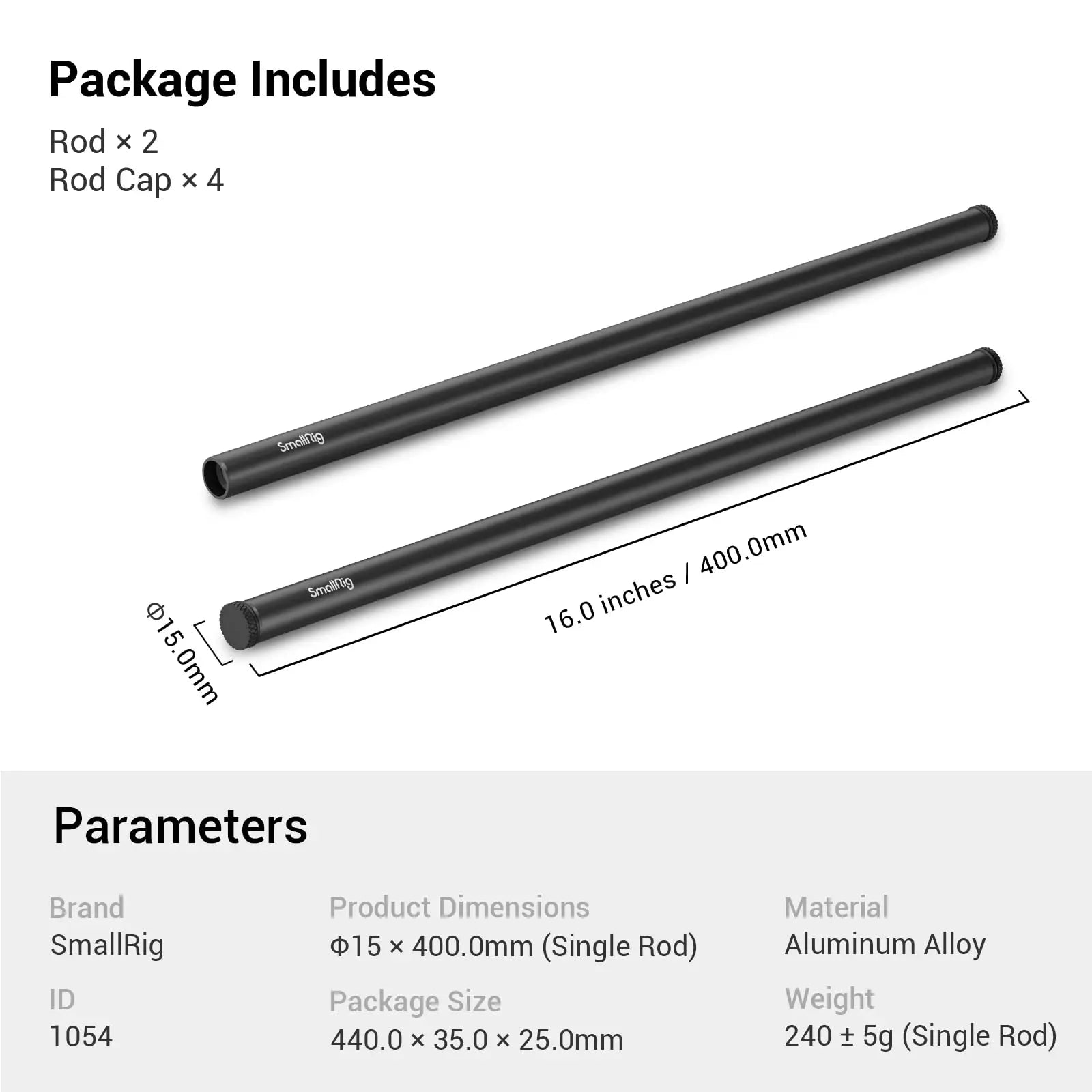 8 Inches (20 Cm) Black Aluminum Alloy 15Mm Rod with M12 Female Thread, Pack of 2, 4 / 8 / 12 / 16 Inches