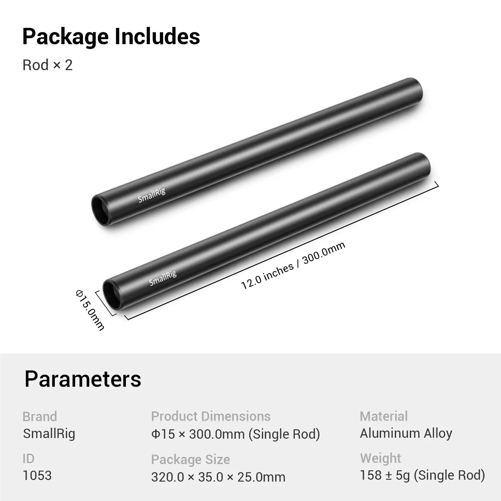 8 Inches (20 Cm) Black Aluminum Alloy 15Mm Rod with M12 Female Thread, Pack of 2, 4 / 8 / 12 / 16 Inches