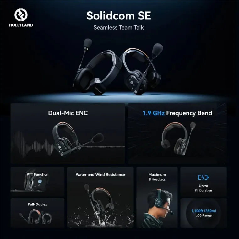 Hollyland Solidcom SE Wireless Headset Intercom System with Noise Cancellation Water Resistance (3 - 8 Units)