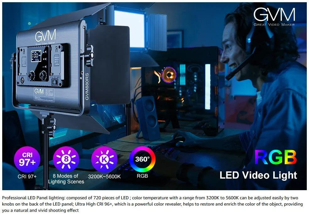 Gvm 880RS 2L 60w Rgb Led Video Light Kit Gaming Streaming Photography Bluetooth Control Dimmable Panel