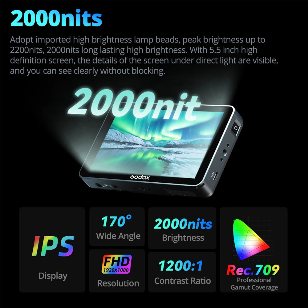 Godox GM6S Pro 5.5 Inch 10W 4K Ultra Bright Camera Monitor DSLR 3D LUT Touch Screen IPS FHD 1920x1080 Video 4K HDMI Field Monit