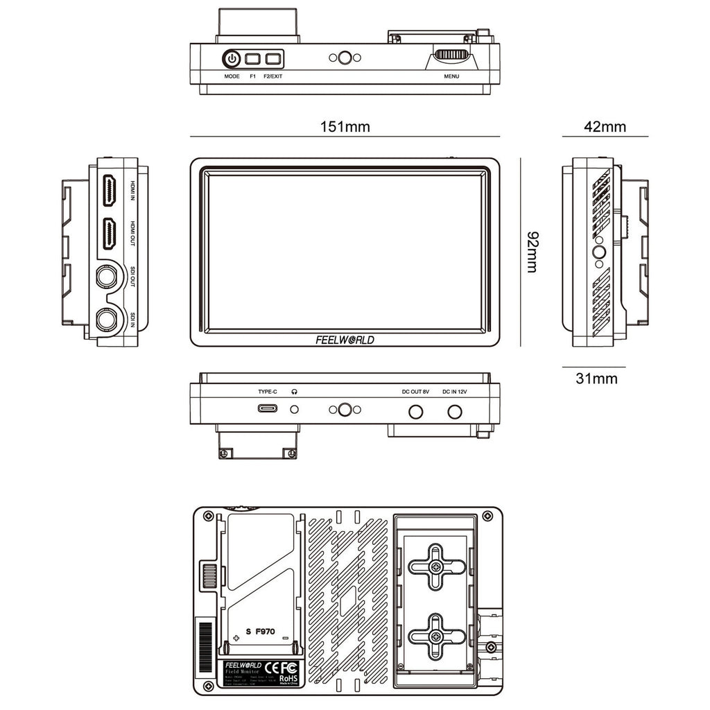 FEELWORLD FW568S 6Inch on Camera Monitor with F970 External Power and Install Kit 3G-SDI 4K HDMI Input Output Dslr Field Monitor