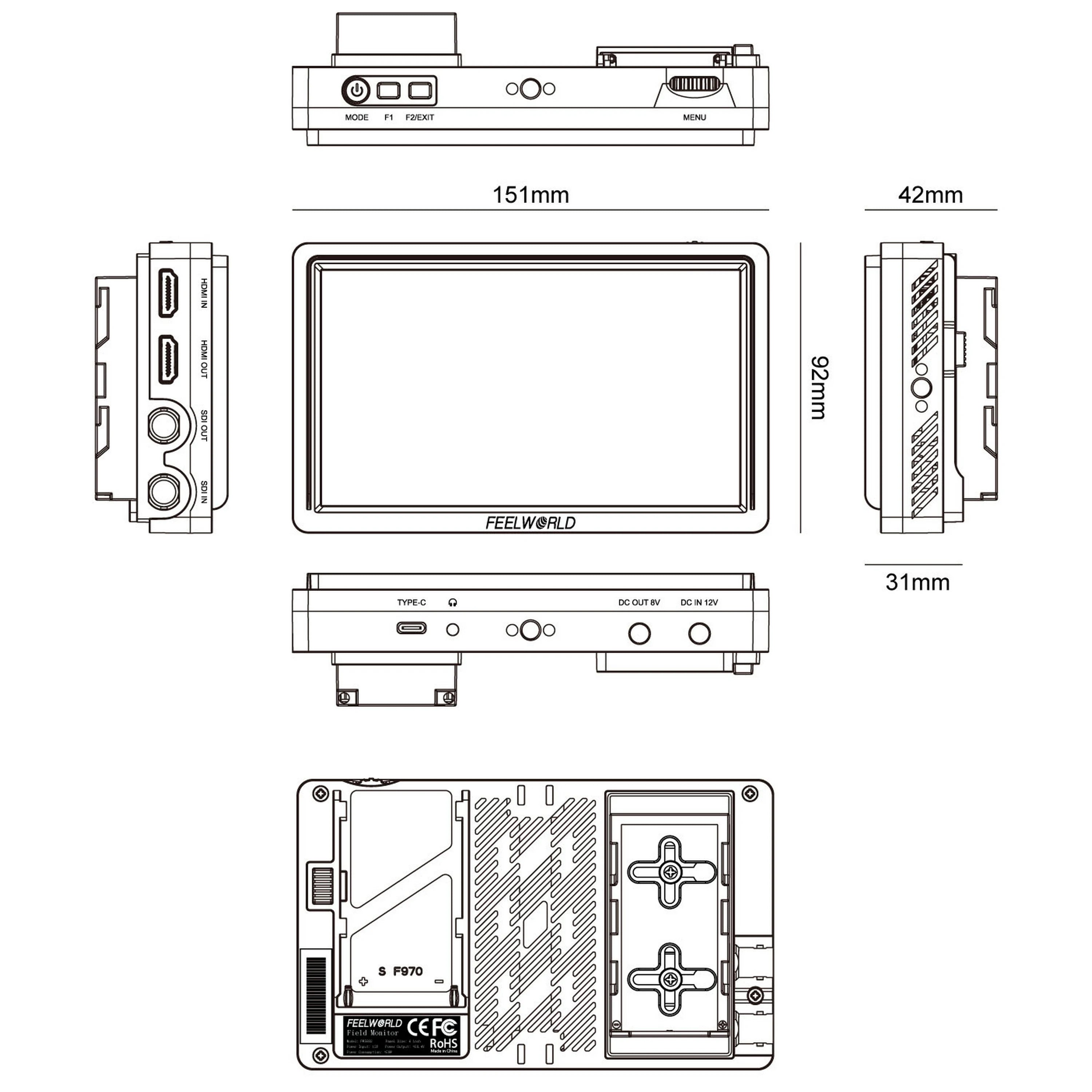 FEELWORLD FW568S 6Inch on Camera Monitor with F970 External Power and Install Kit 3G-SDI 4K HDMI Input Output Dslr Field Monitor