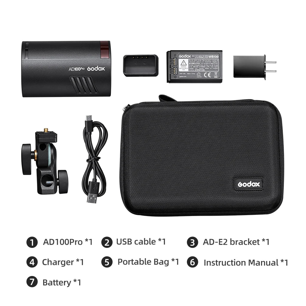 Godox AD100Pro 100Ws TTL 2.4G HSS 1/8000s Pocket Flash Light With 7.2V/2600mAh Lithium Battery 360 Full Power Flashes 0.01-1.5s