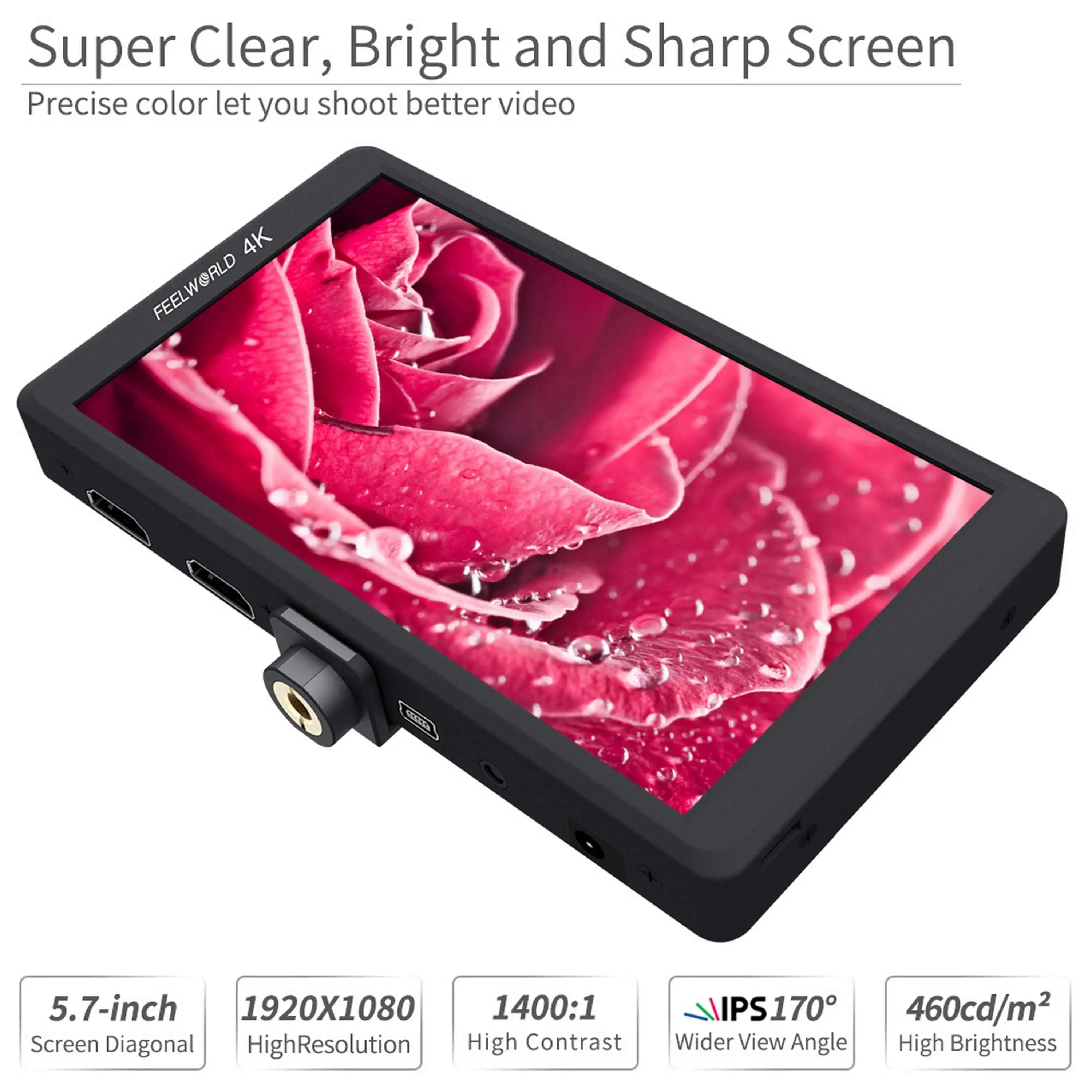 FEELWORLD F570 5.7" Full HD 1920x1080 On-camera Monitor with for Input/Output IPS Panel Stereo Headphone 460cd/m Brightness
