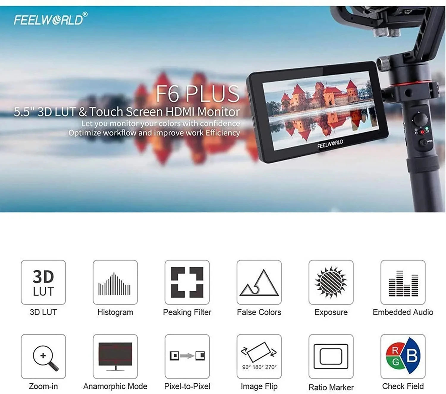 For FEELWORLD F6 Plus V2 6' On-camera DSLR Field Monitor Touch Screen Monitor with HDR 3D Lut IPS FHD 1920x1080 Video Focus