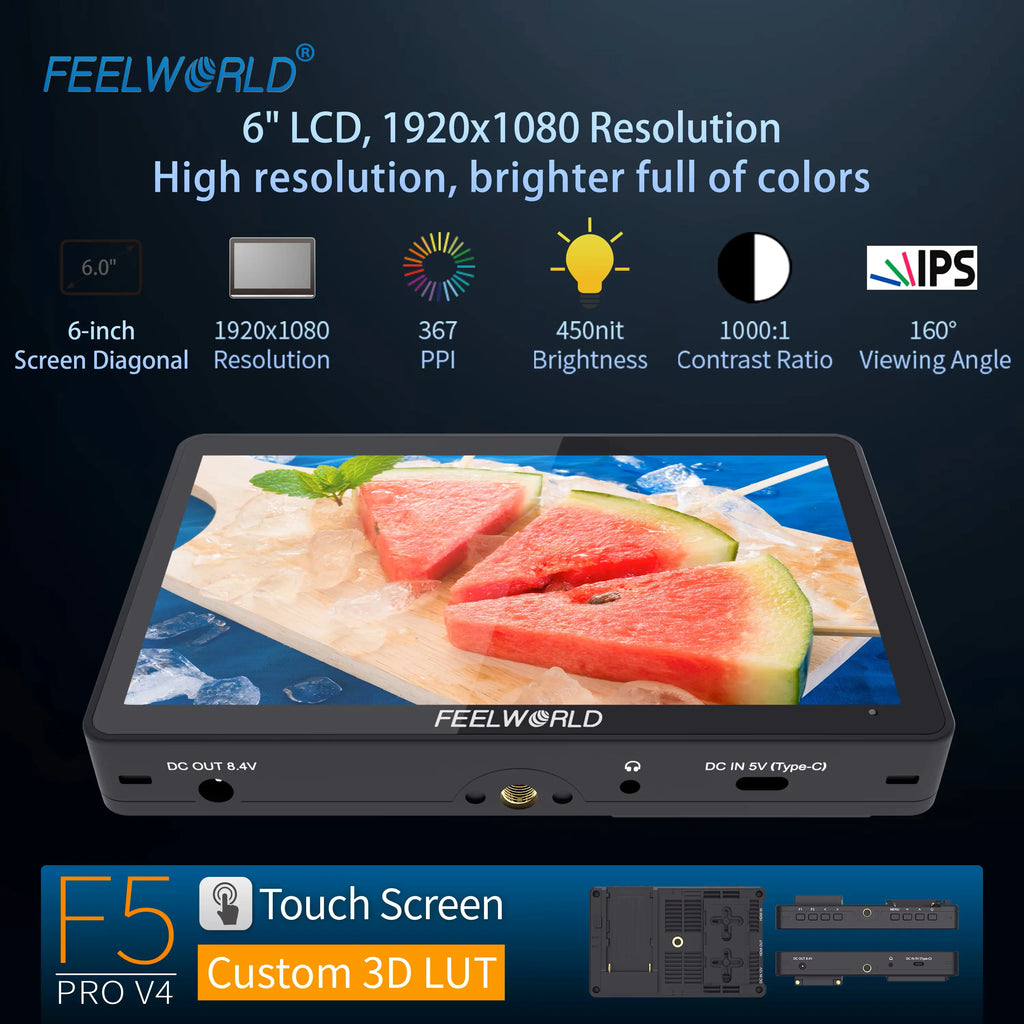FEELWORLD F5 PRO V4 Camera Monitor 6 Inch Touch Screen Monitors Dslr Camera hdmi Dslr Field Monitor F970 Power Kit OEM Direct