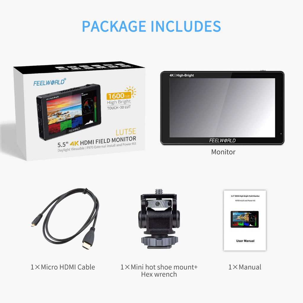 FEELWORLD LUT5E 5.5" 1600nit Ultra-Bright Touch Screen DSLR Camera Monitor with F970 Power Kit 4K HDMI IPS Panel Custom Logo