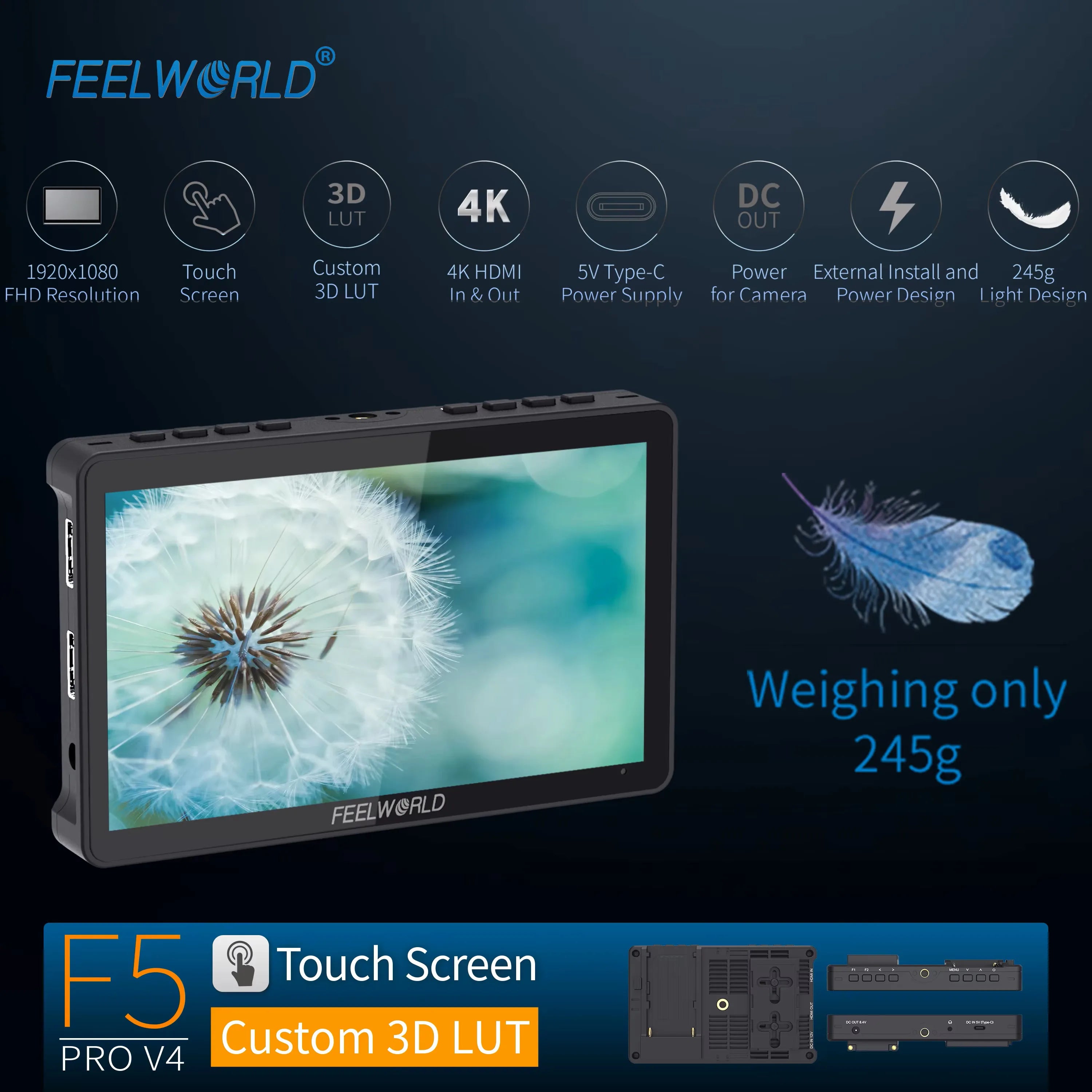 FEELWORLD F5 PRO V4 Camera Monitor 6 Inch Touch Screen Monitors Dslr Camera hdmi Dslr Field Monitor F970 Power Kit OEM Direct