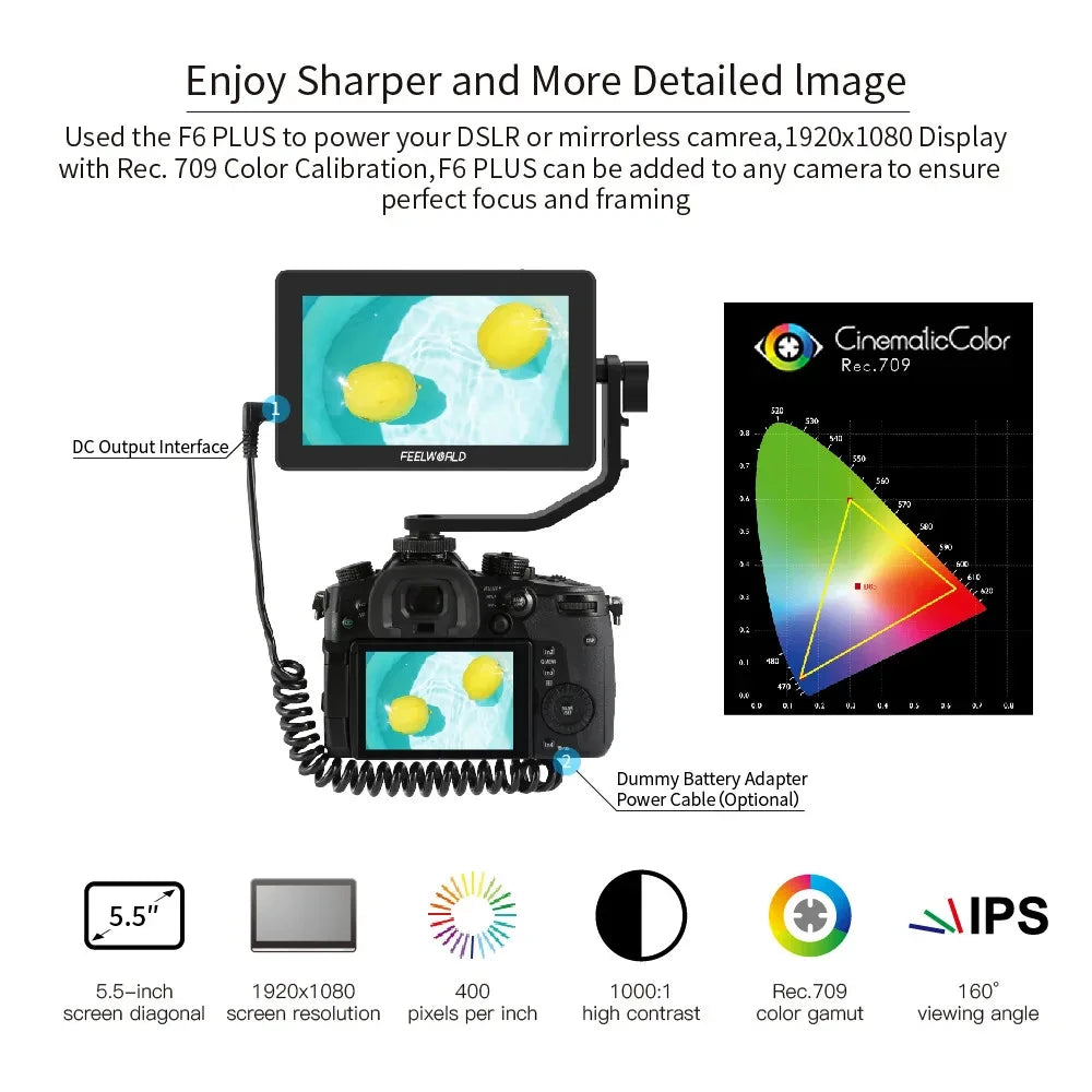 For FEELWORLD F6 Plus V2 6' On-camera DSLR Field Monitor Touch Screen Monitor with HDR 3D Lut IPS FHD 1920x1080 Video Focus