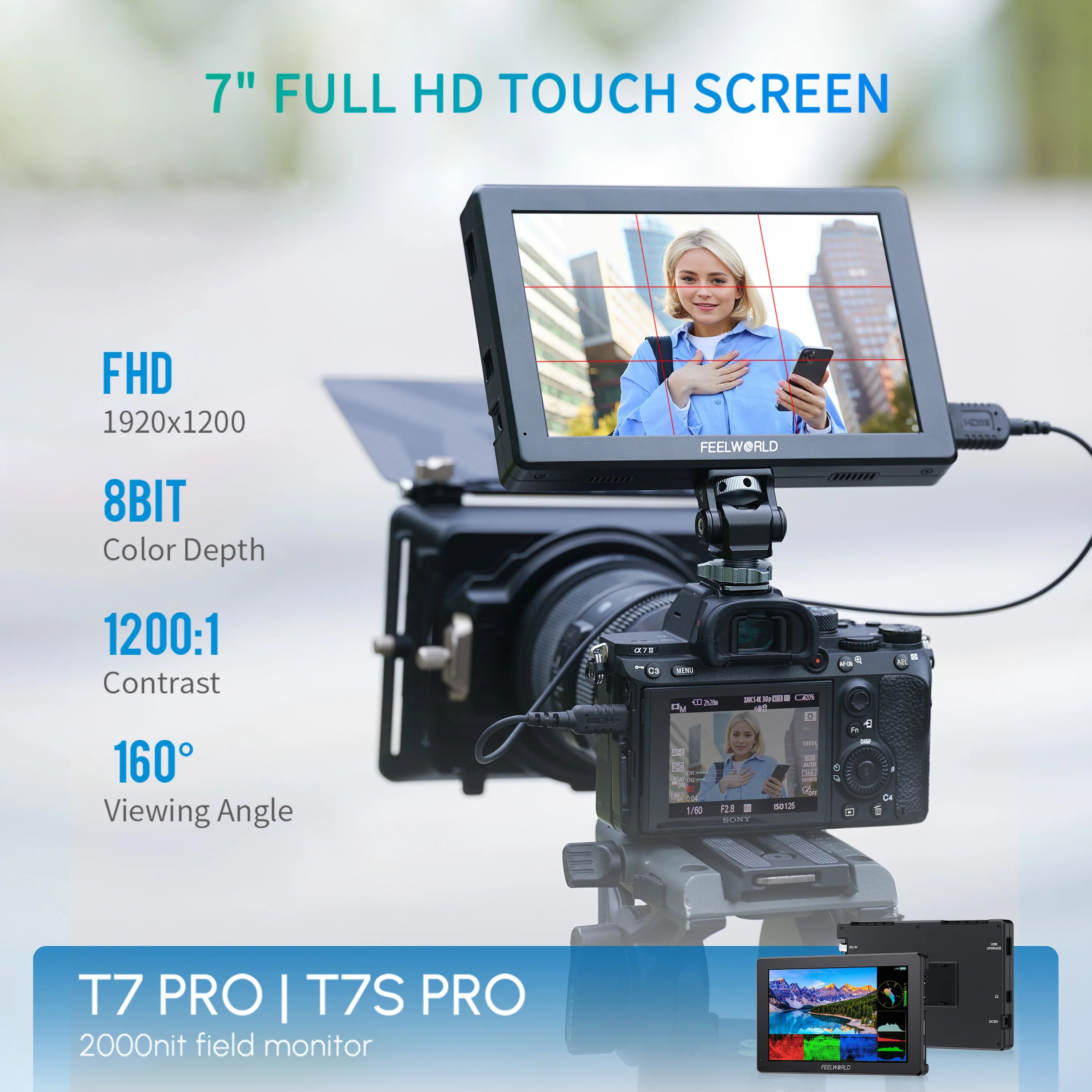 FEELWORLD T7 PRO Export 7 Inch Camera Field Monitor Aluminum Case 2000NIT High Brightness 4K HDMI Monitor for DSLR
