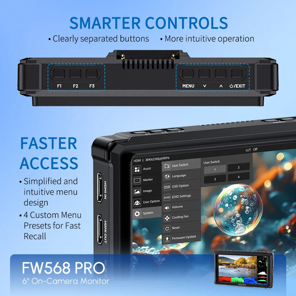 FEELWORLD FW568 PRO 6 Inch 1200nit High Bright Camera Monitor, 4K HDMI 60Hz I/O, 3D LUT & Waveform Support OEM Factory Wholesale