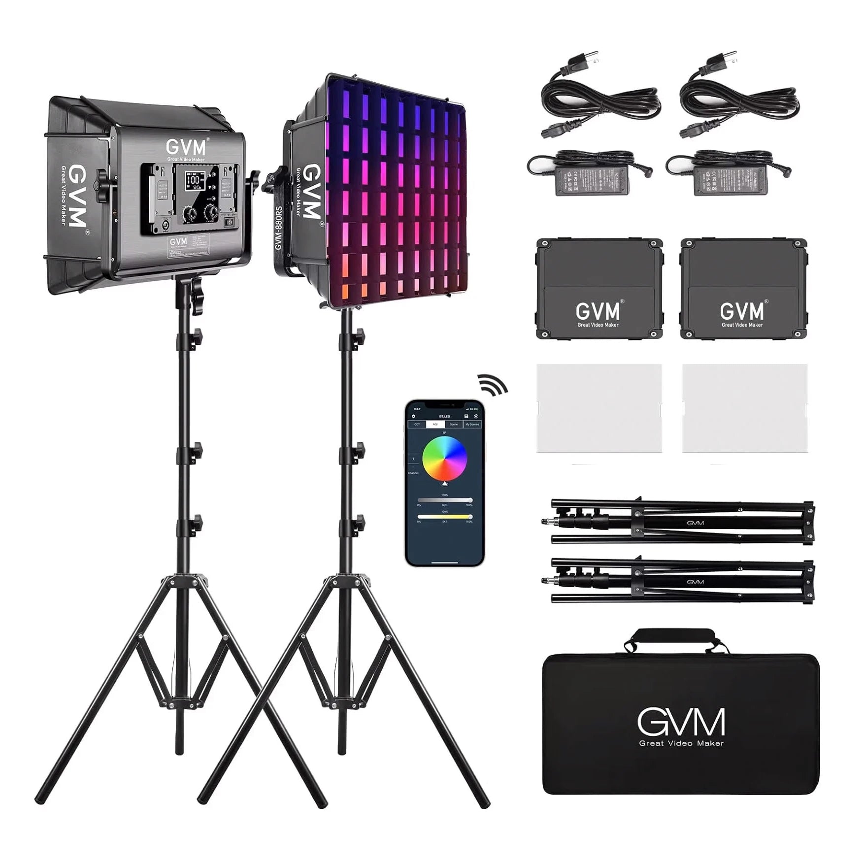 Gvm 880RS 2L 60w Rgb Led Video Light Kit Gaming Streaming Photography Bluetooth Control Dimmable Panel