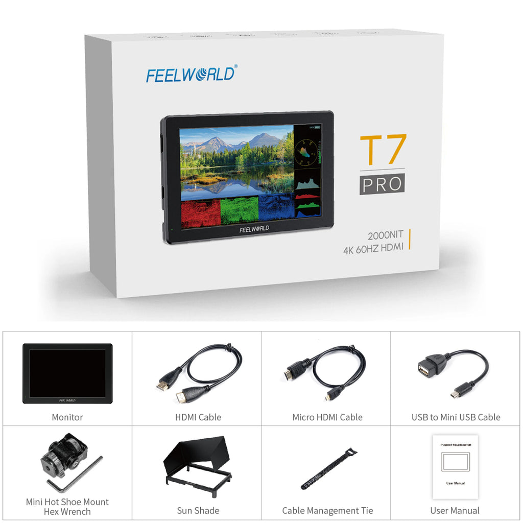 FEELWORLD T7 PRO Export 7 Inch Camera Field Monitor Aluminum Case 2000NIT High Brightness 4K HDMI Monitor for DSLR