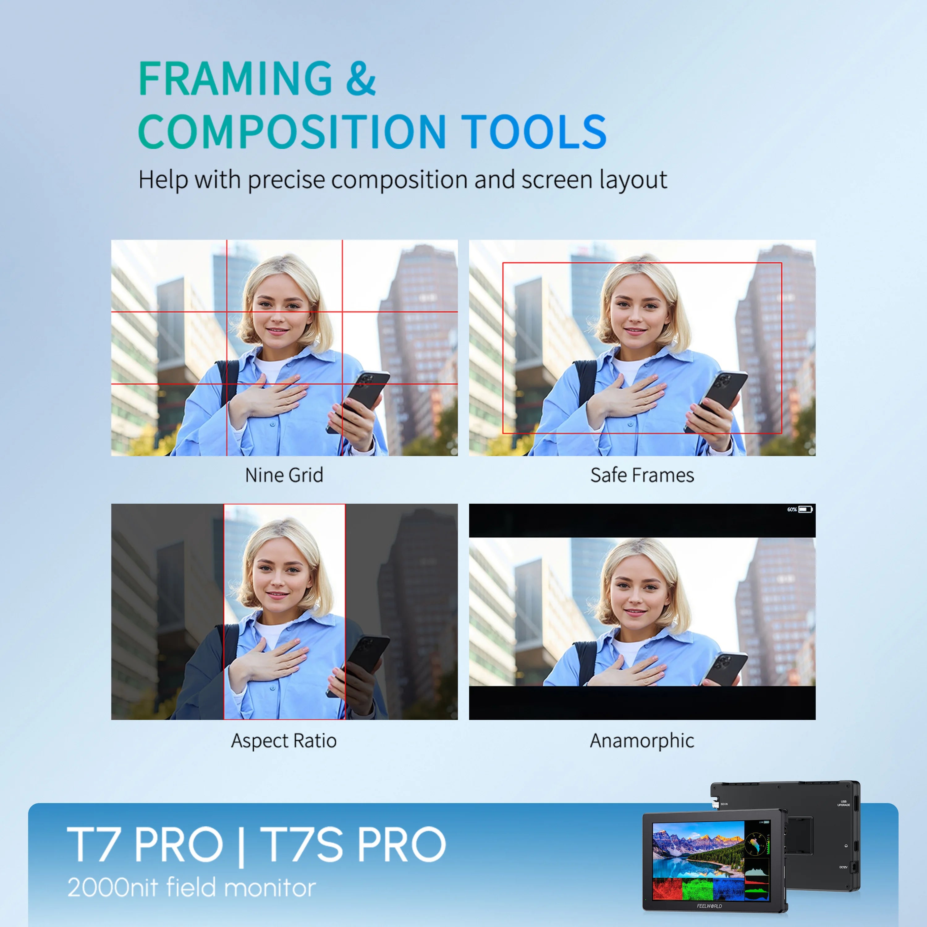 FEELWORLD T7 PRO Export 7 Inch Camera Field Monitor Aluminum Case 2000NIT High Brightness 4K HDMI Monitor for DSLR