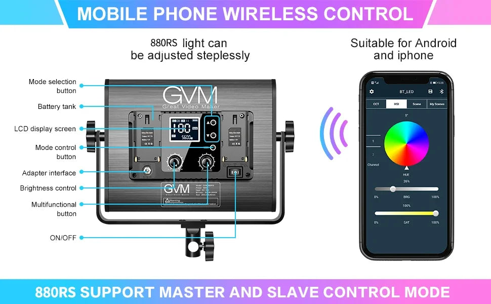 Gvm 880RS 2L 60w Rgb Led Video Light Kit Gaming Streaming Photography Bluetooth Control Dimmable Panel