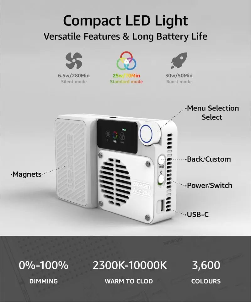 For Amaran Ace 25c Full-Color Mini Video LED Light RGBWW Pocket RGBWW with 2300K-10000K 4500mAh PD Fast Charging TikTok