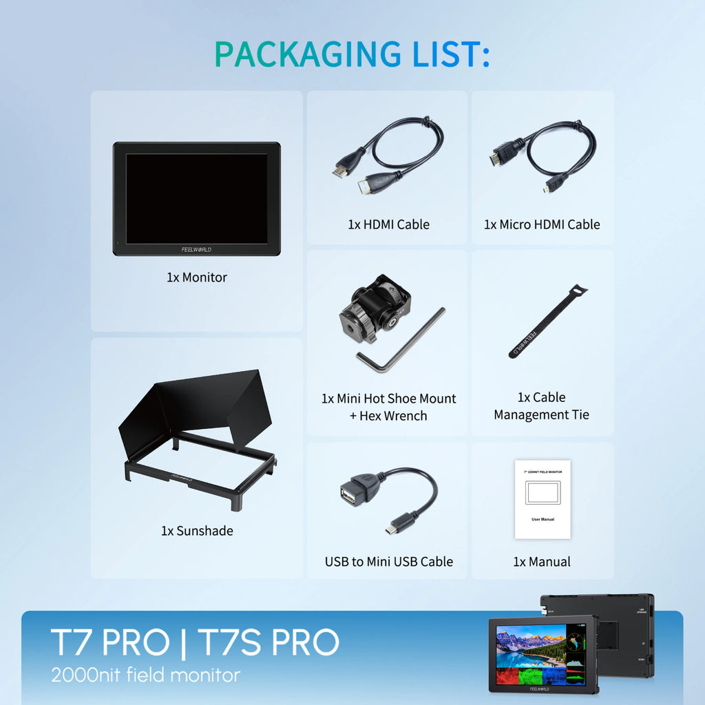 FEELWORLD T7 PRO Export 7 Inch Camera Field Monitor Aluminum Case 2000NIT High Brightness 4K HDMI Monitor for DSLR