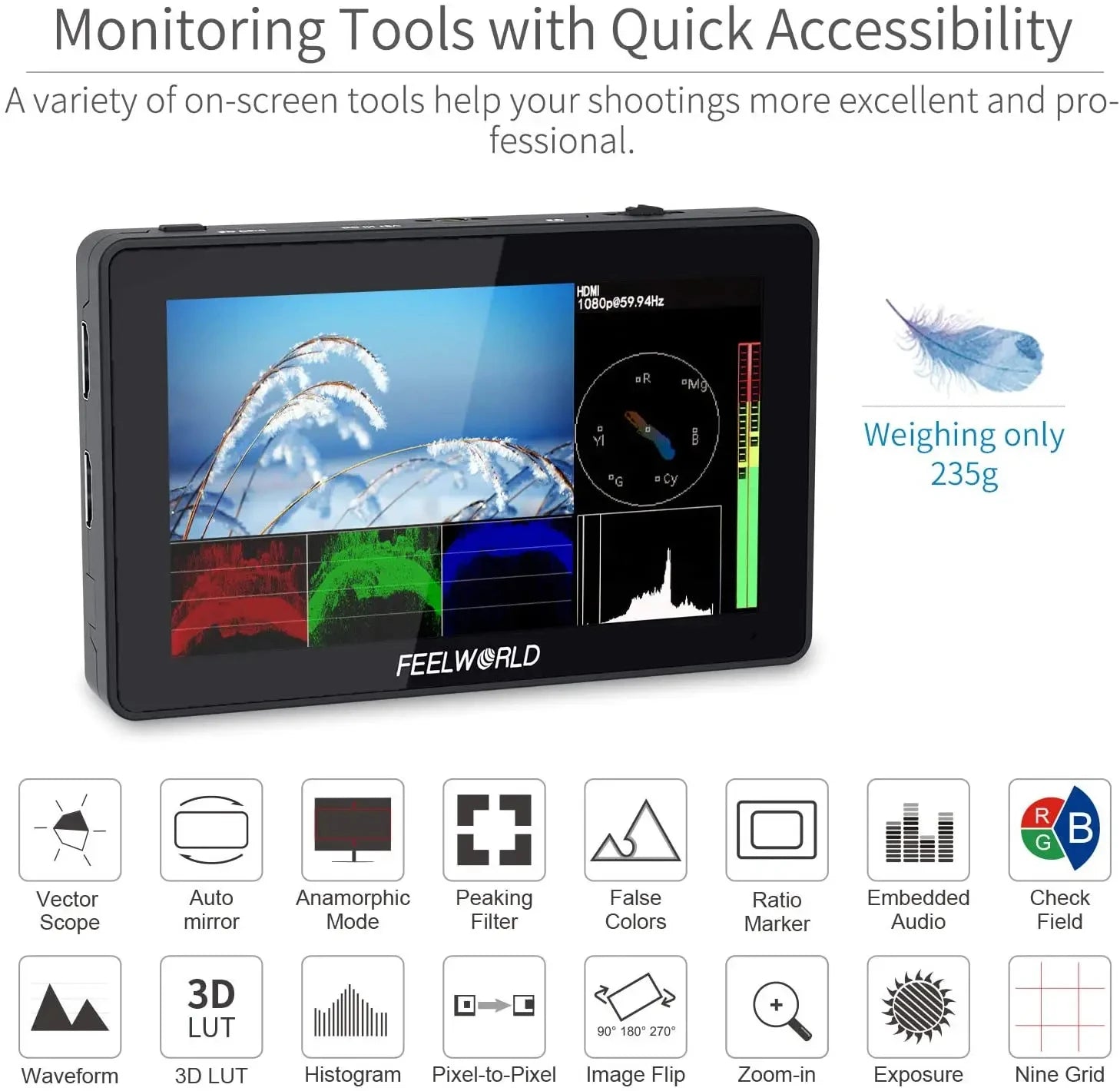 For FEELWORLD F6 Plus V2 6' On-camera DSLR Field Monitor Touch Screen Monitor with HDR 3D Lut IPS FHD 1920x1080 Video Focus