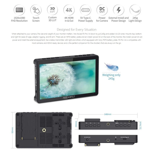 Affordable Price FEELWORLD F5 Pro V4 6 Inch Touch Screen DSLR Camera Field Monitor, 3D Photography Camera Monitor
