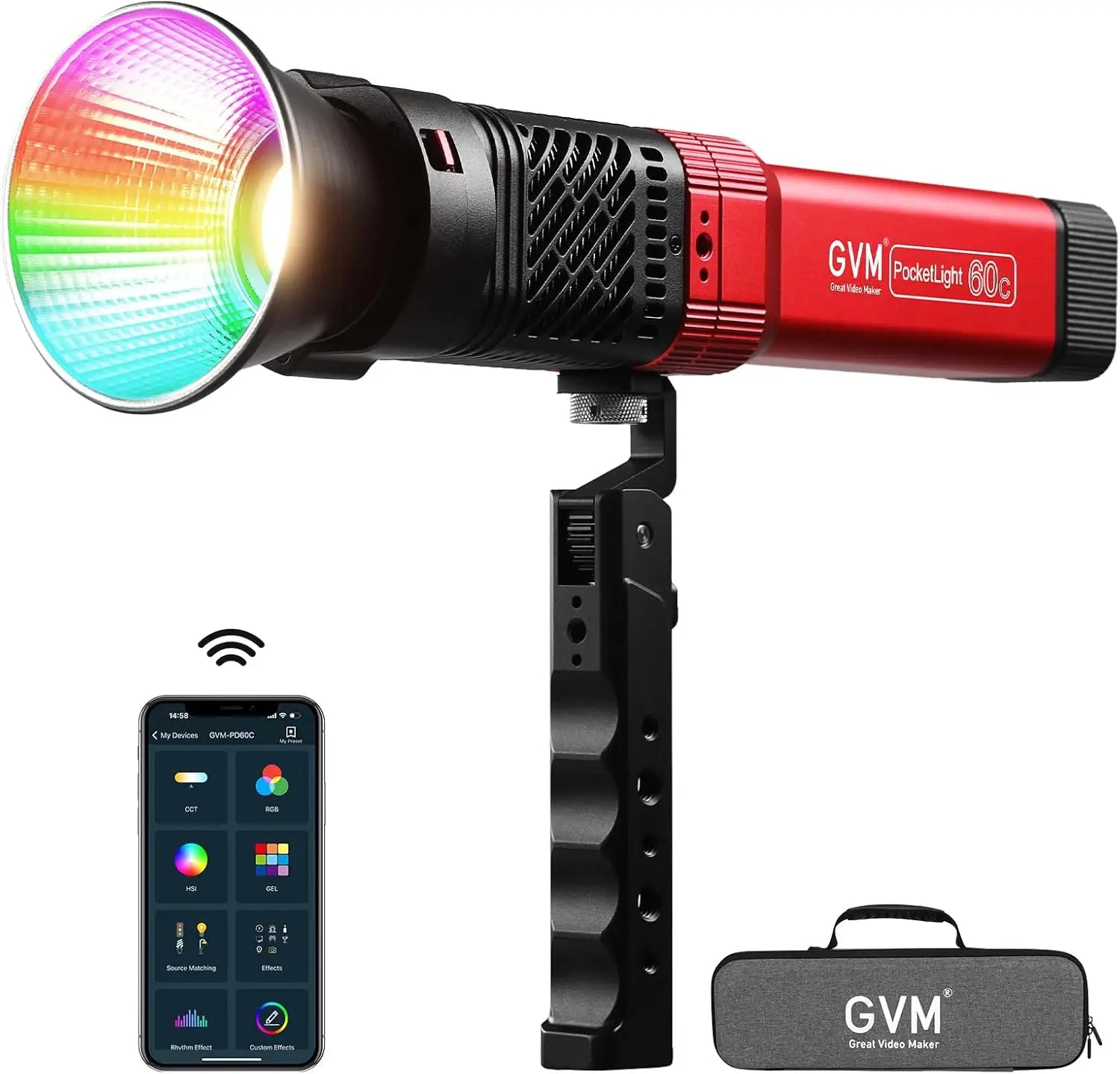 GVM Official PD60B PD60C Bi-Color RGB 60W COB Photography Lighting Portable Studio Light Handheld With App Control 34200lux/0.5m