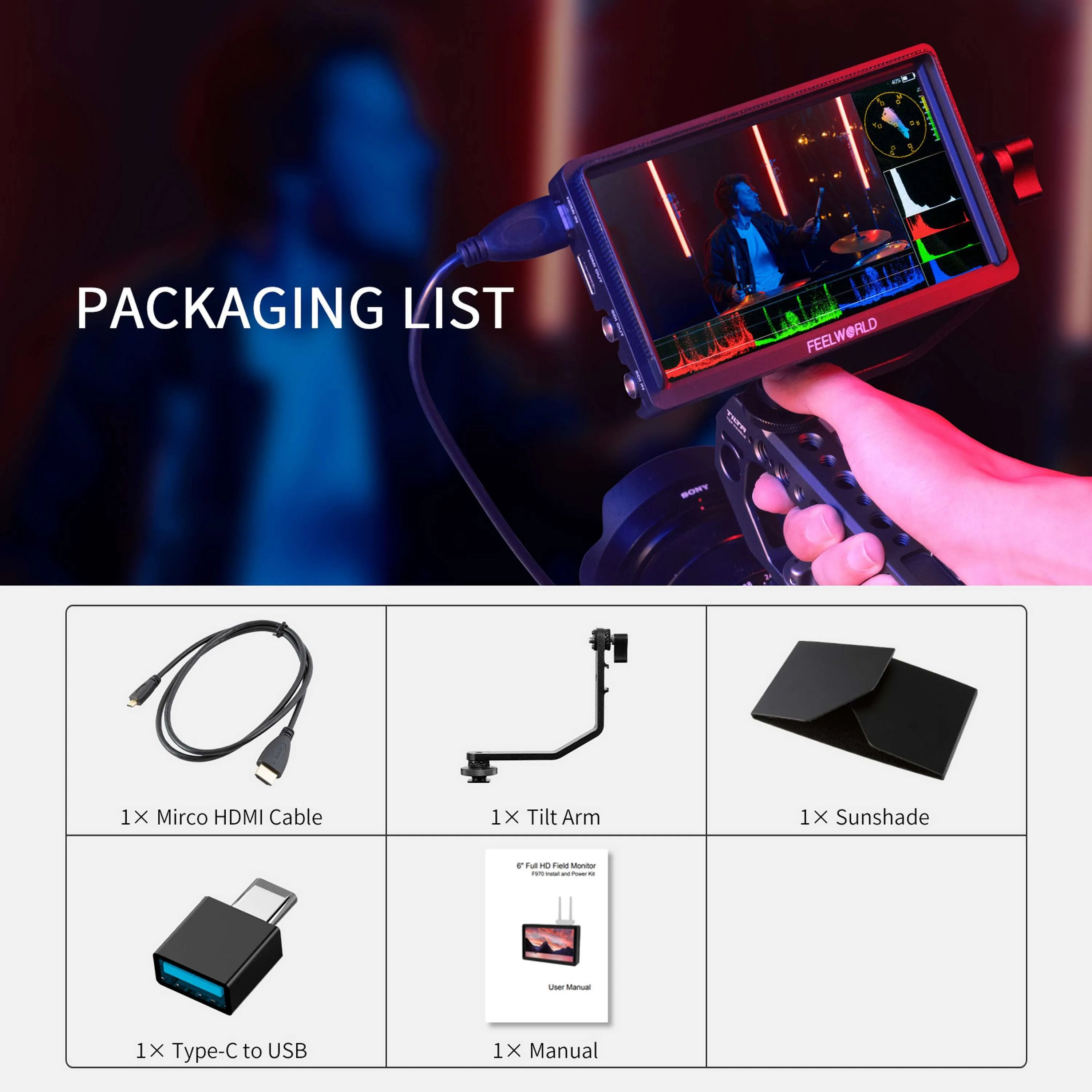 FEELWORLD FW568S 6Inch on Camera Monitor with F970 External Power and Install Kit 3G-SDI 4K HDMI Input Output Dslr Field Monitor