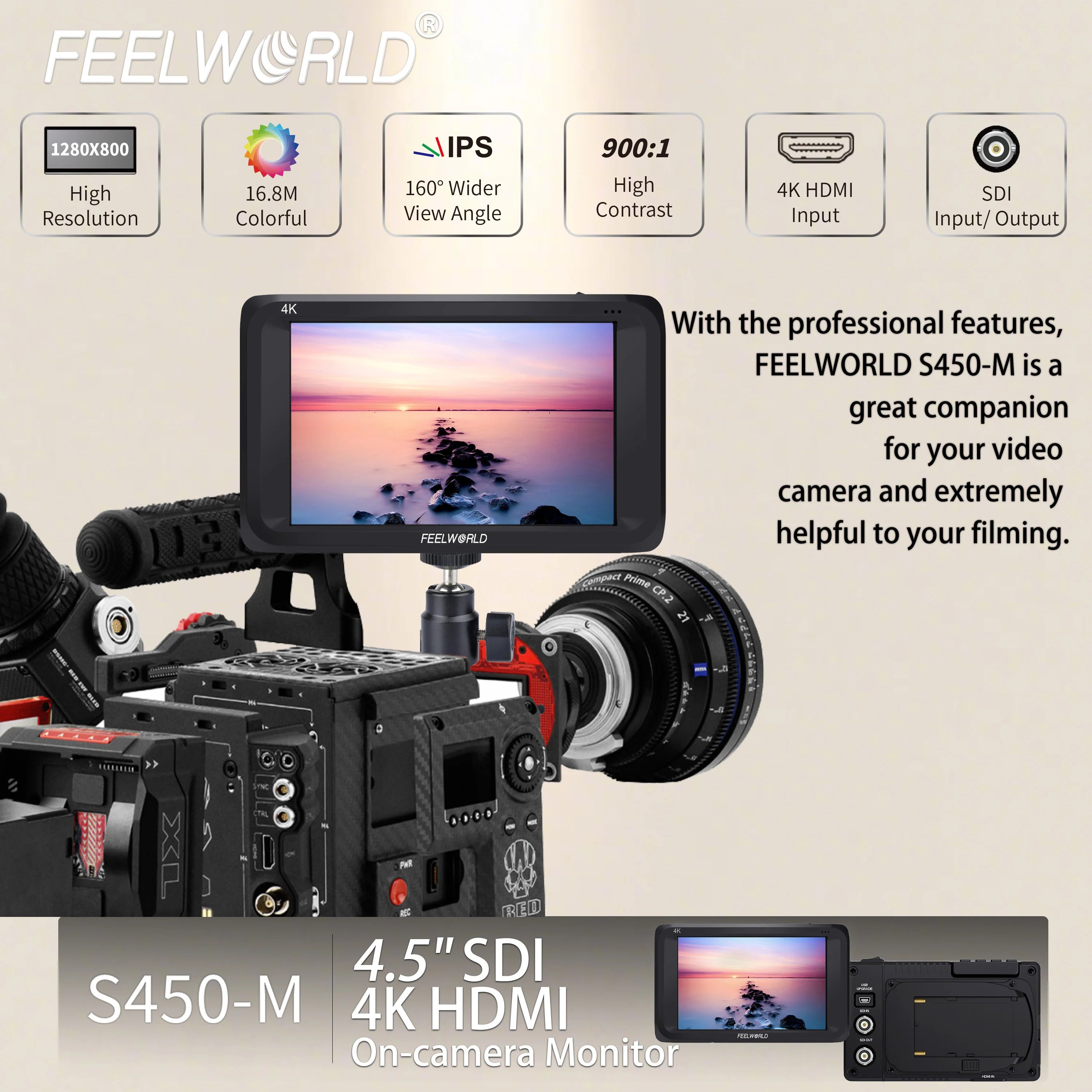 FEELWORLD OEM Factory Direct S450-M 4.5" IPS HD Camera DSLR Field Monitor with HDMI/SDI Input - Bulk Wholesale Pricing