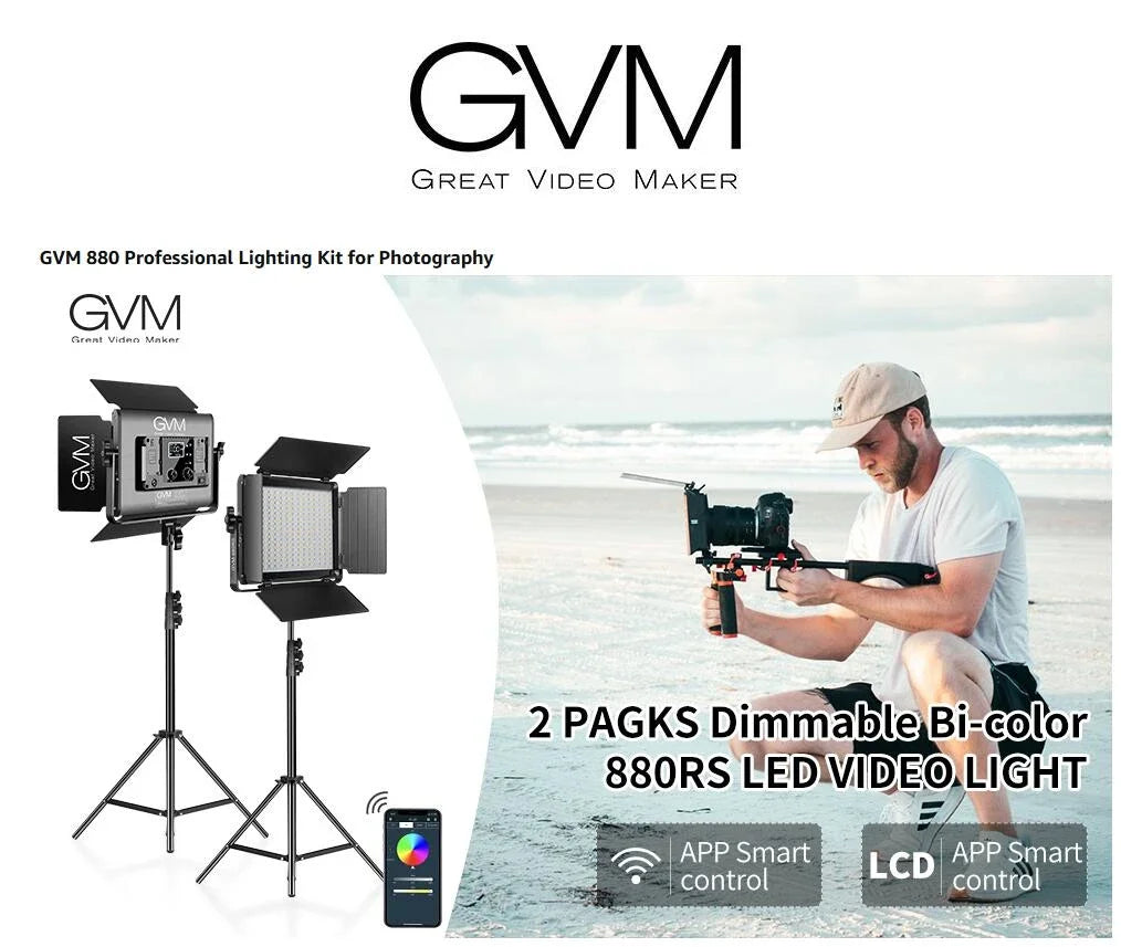 Gvm 880RS 2L 60w Rgb Led Video Light Kit Gaming Streaming Photography Bluetooth Control Dimmable Panel