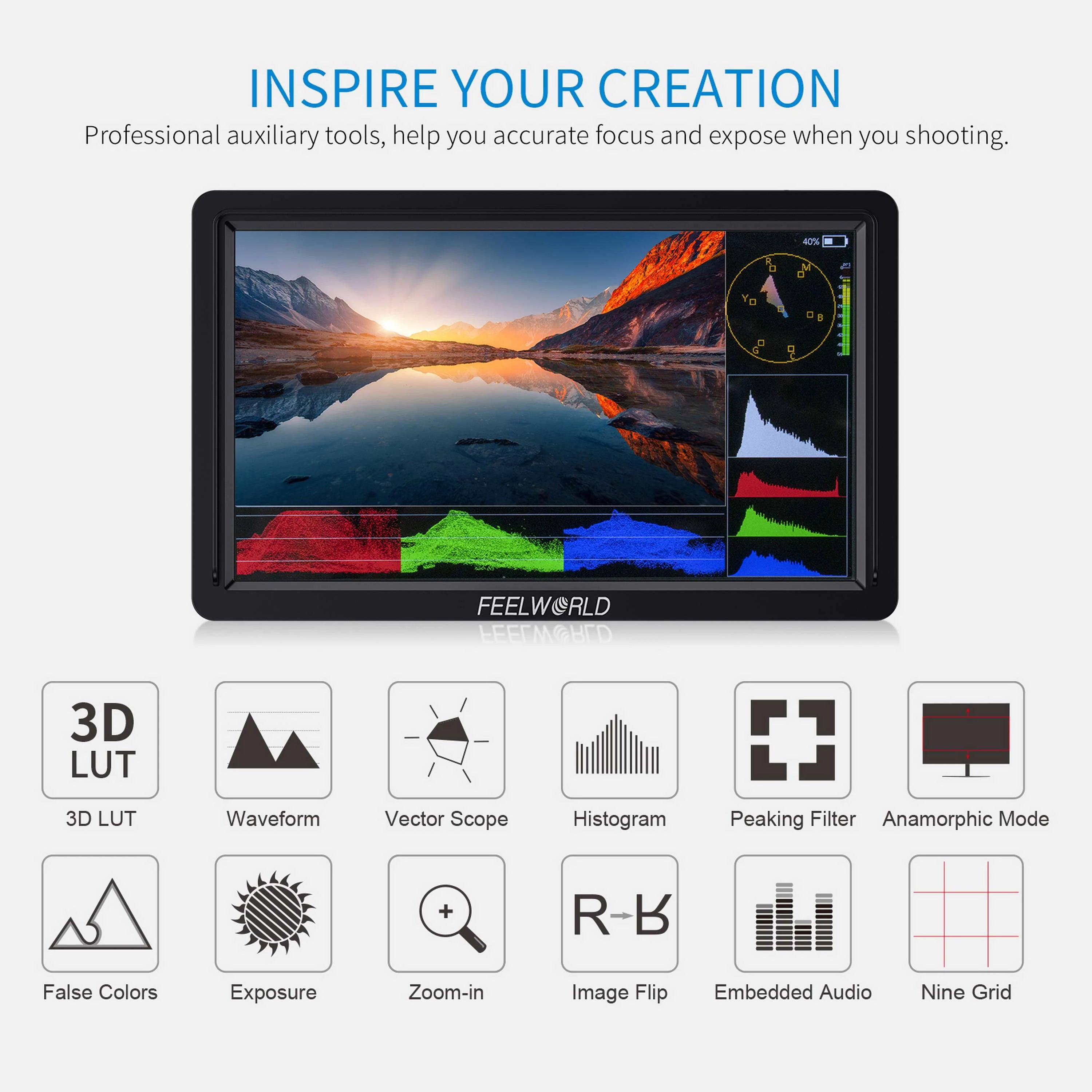 FEELWORLD FW568S 6Inch on Camera Monitor with F970 External Power and Install Kit 3G-SDI 4K HDMI Input Output Dslr Field Monitor