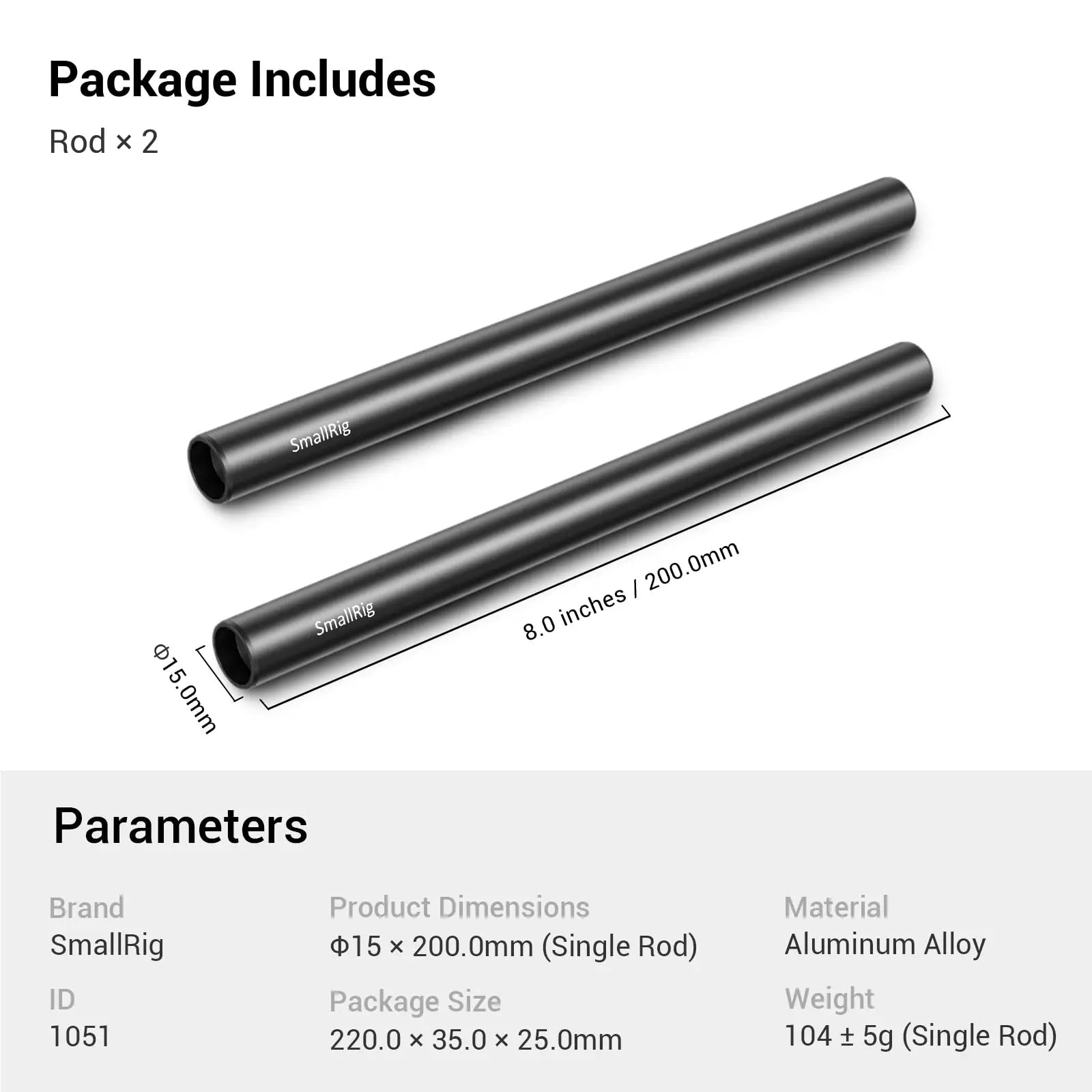8 Inches (20 Cm) Black Aluminum Alloy 15Mm Rod with M12 Female Thread, Pack of 2, 4 / 8 / 12 / 16 Inches
