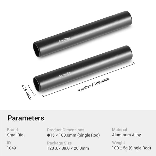 8 Inches (20 Cm) Black Aluminum Alloy 15Mm Rod with M12 Female Thread, Pack of 2, 4 / 8 / 12 / 16 Inches