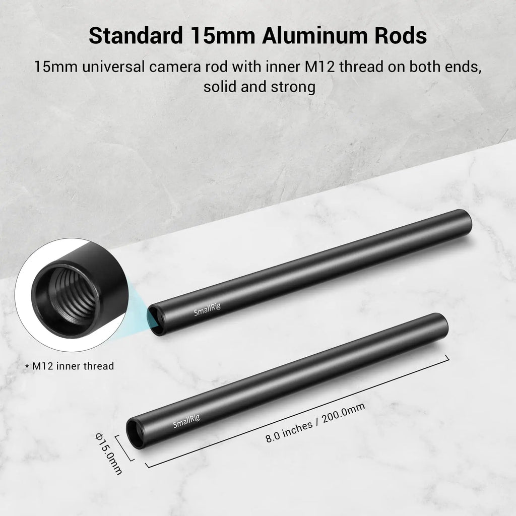 8 Inches (20 Cm) Black Aluminum Alloy 15Mm Rod with M12 Female Thread, Pack of 2, 4 / 8 / 12 / 16 Inches